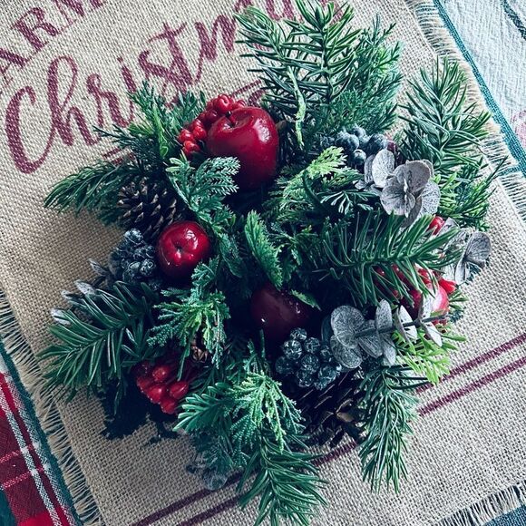 Vintage Winter Apples Evergreen Small Decorative Wreath Candle Ring - Picture 2 of 7
